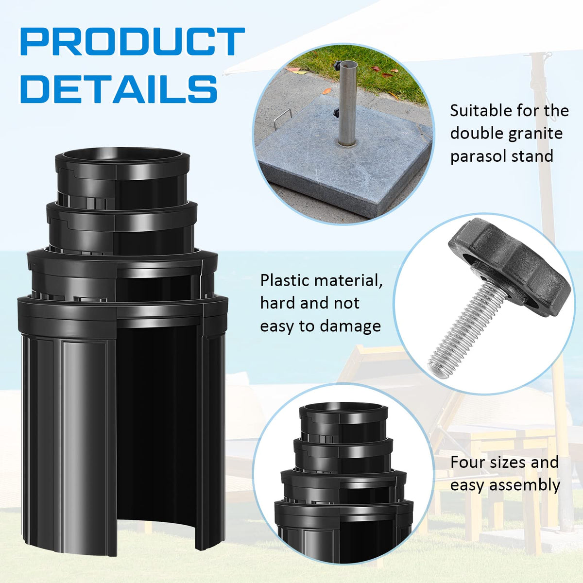 Photect umbrella pole size options display four diameters for versatile fits.