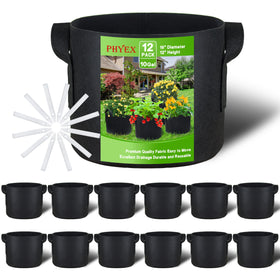 PHYEX 12-pack 10-gallon grow bags with sturdy handles for easy moving and rearranging.