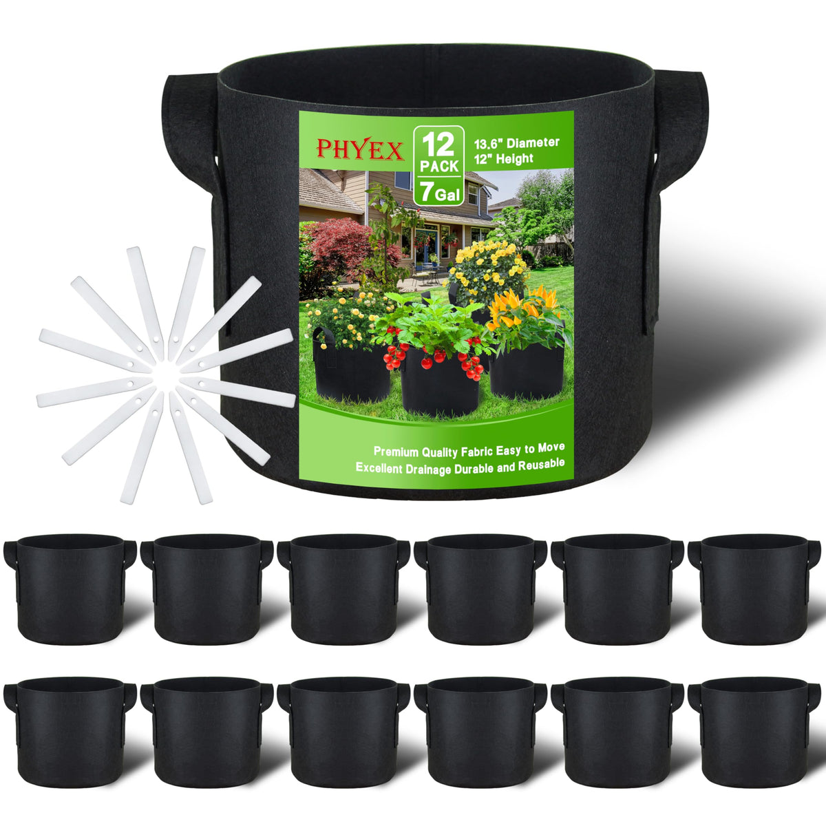 PHYEX 12-pack 7 gallon grow bags emphasize portability and space-saving gardening with ample root aeration.