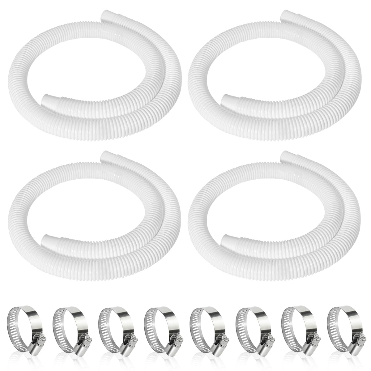 Picatu 4-pack pool hoses laid out for above-ground pool use, durable and ready.