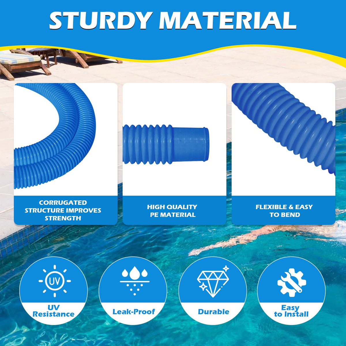Picatu hoses compatible with Intex and Coleman above-ground pool pumps.