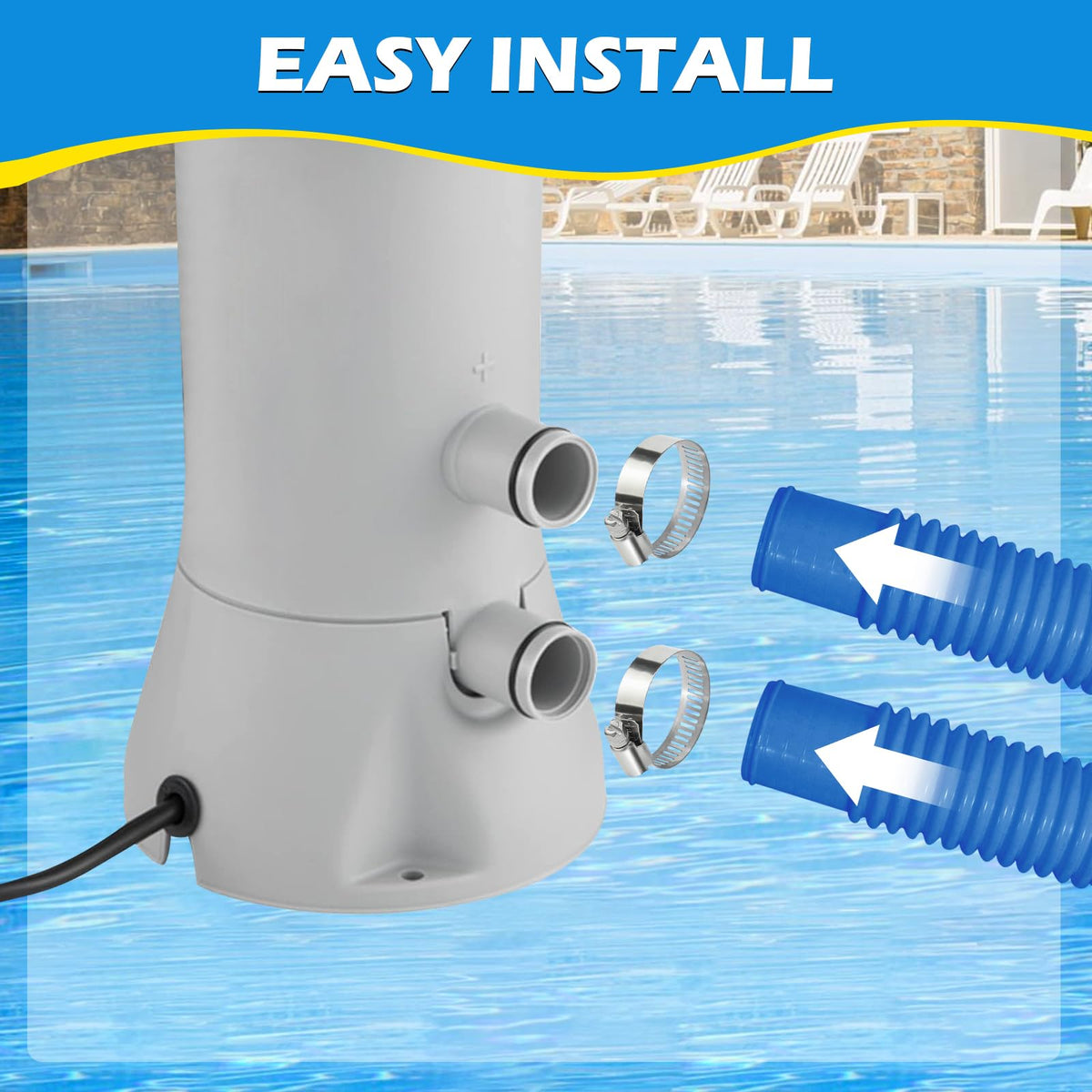 Picatu easy-install image shows clamps enabling quick assembly with pool and pump