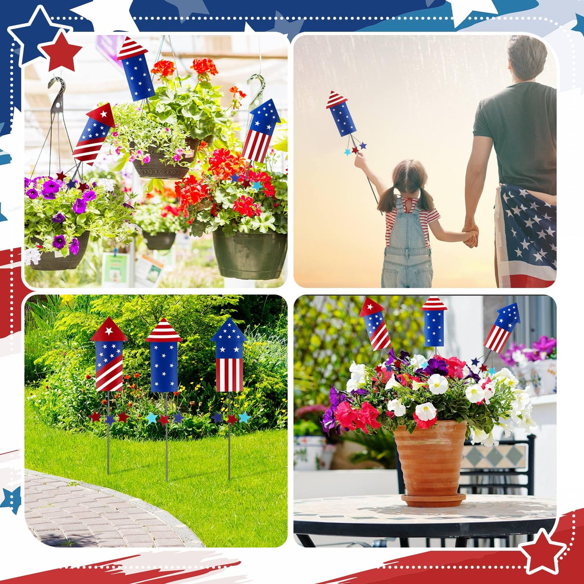 Pickmesh US flag rocket garden stake for lawn display.