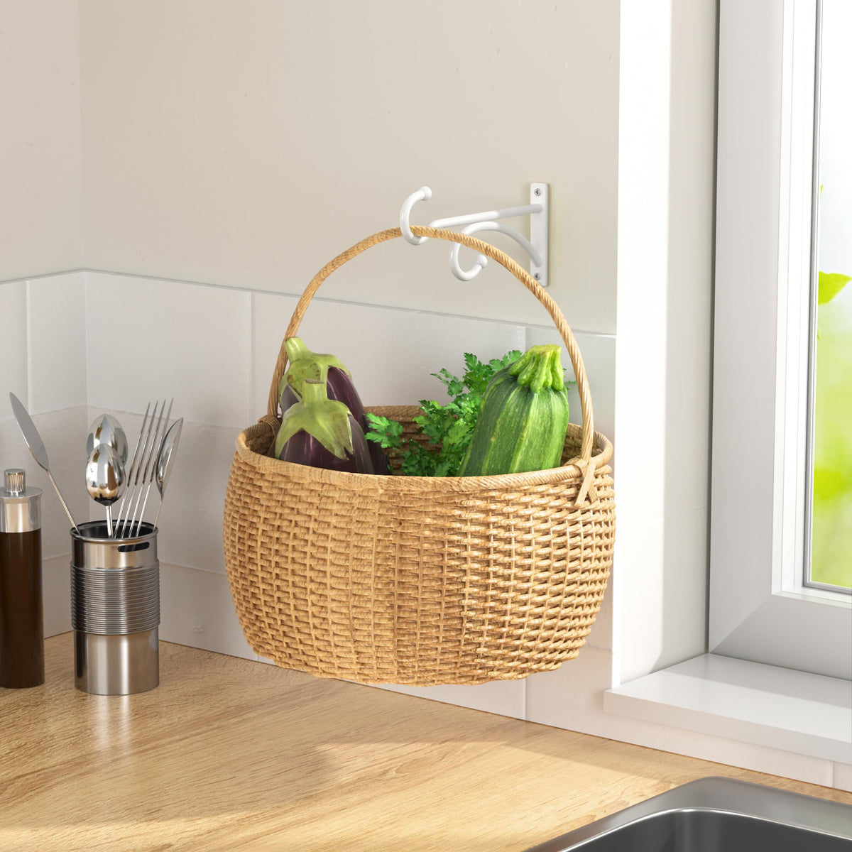 Pickpiff hanging basket hook for patios and balconies.