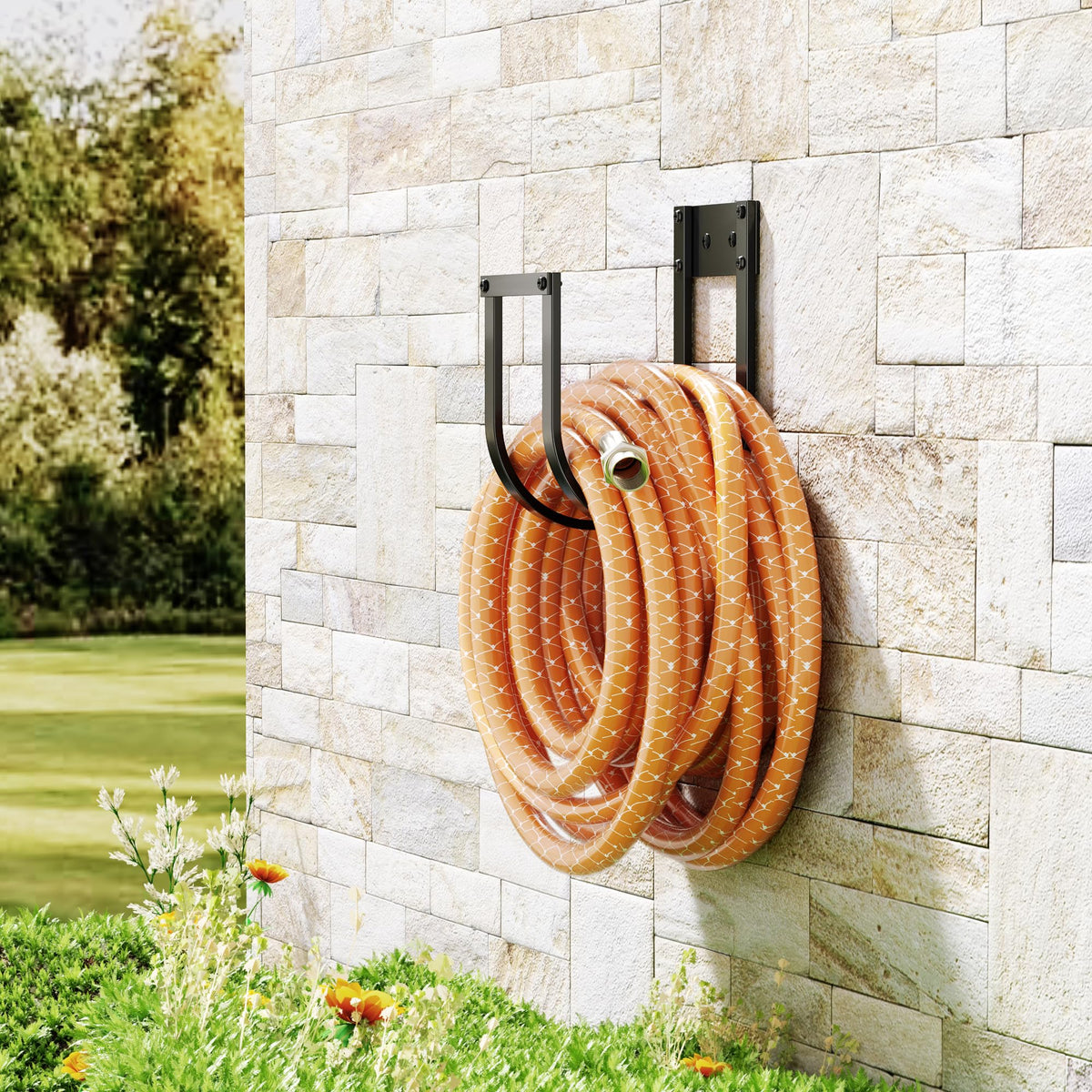 Pickpiff yard scene with hose neatly stored on wall mount.