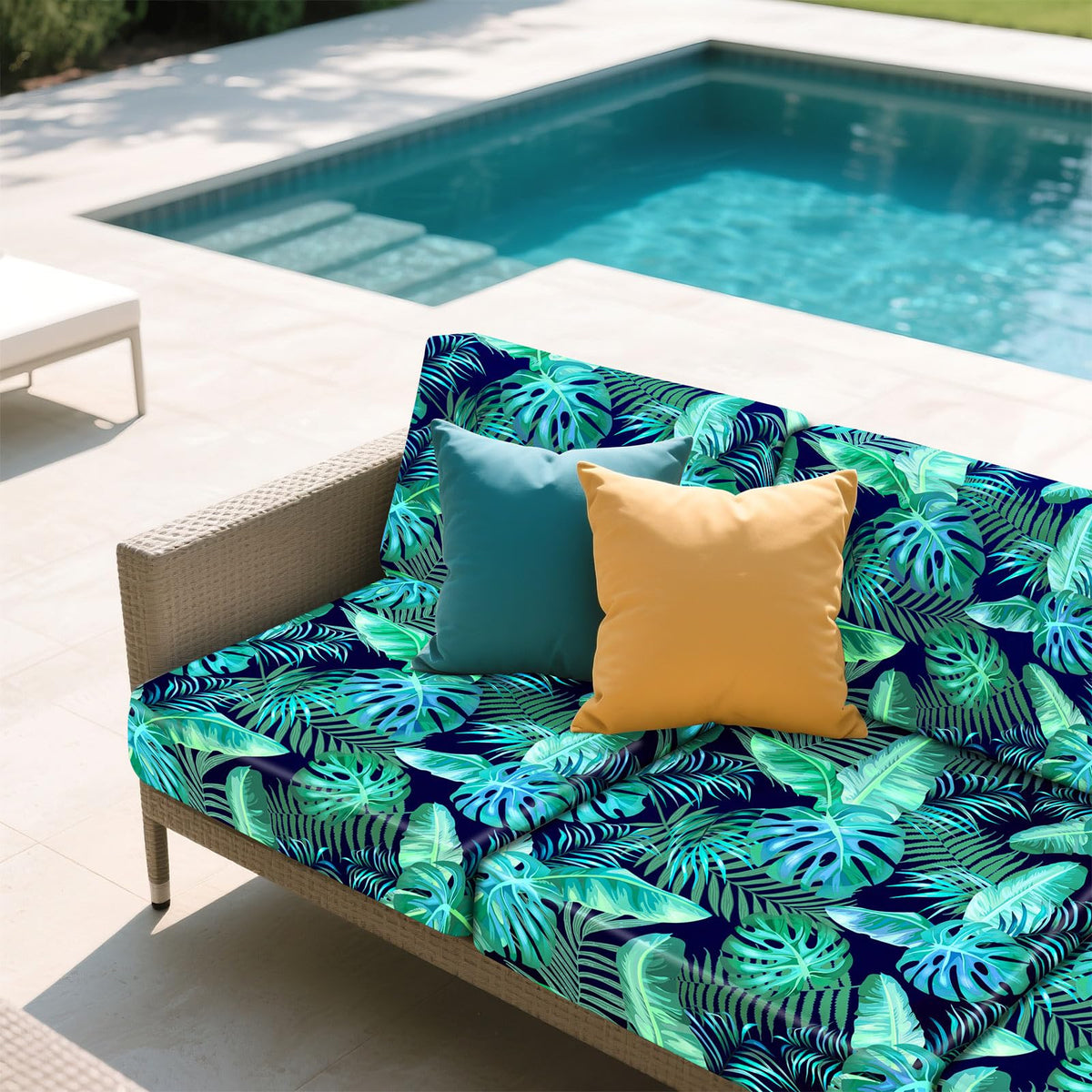 PickyNproud palm leaves pattern enhances cushions with a tropical look.