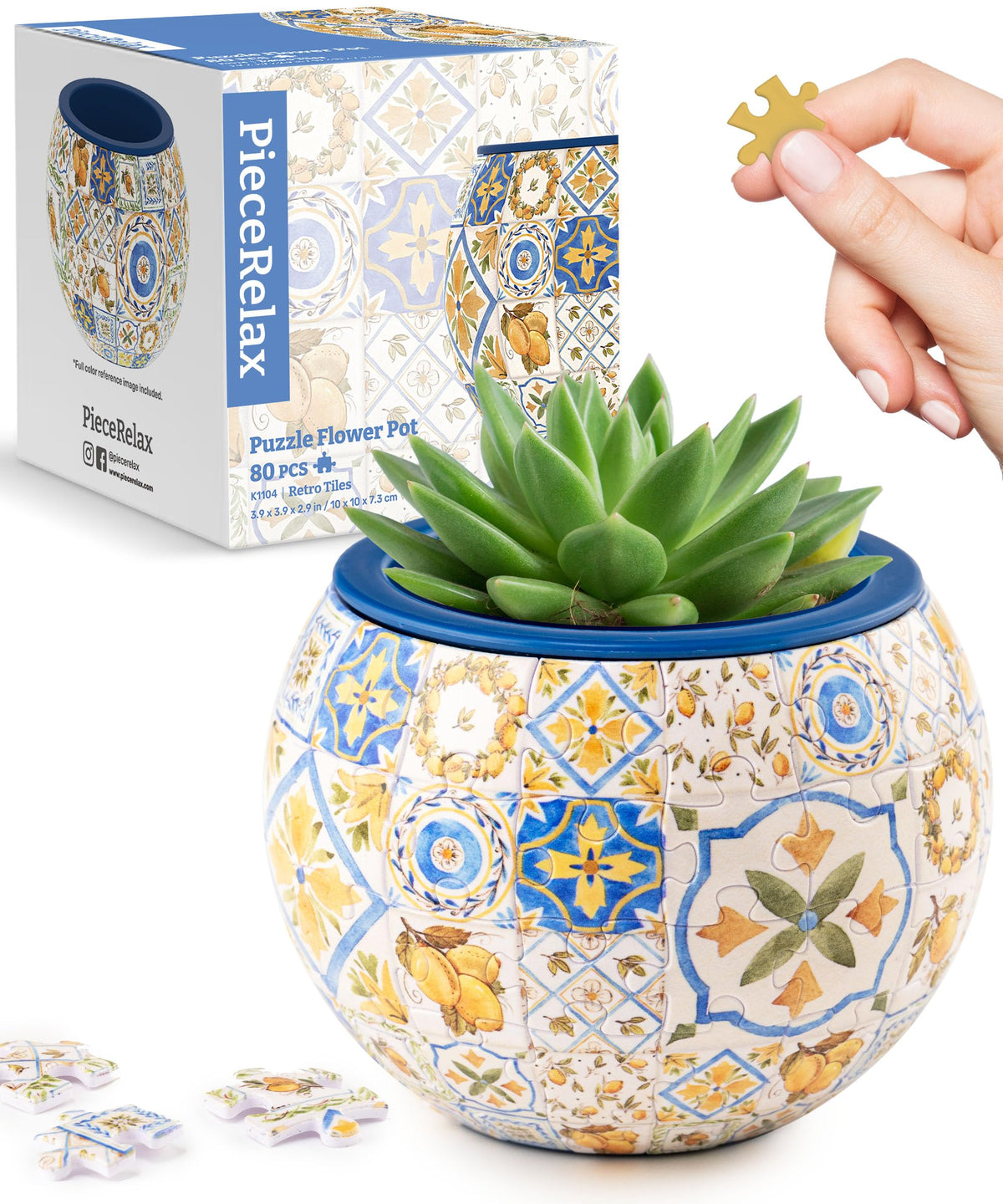 PieceRelax 3D puzzle planter front view shows retro tile pattern for a bold indoor accent.