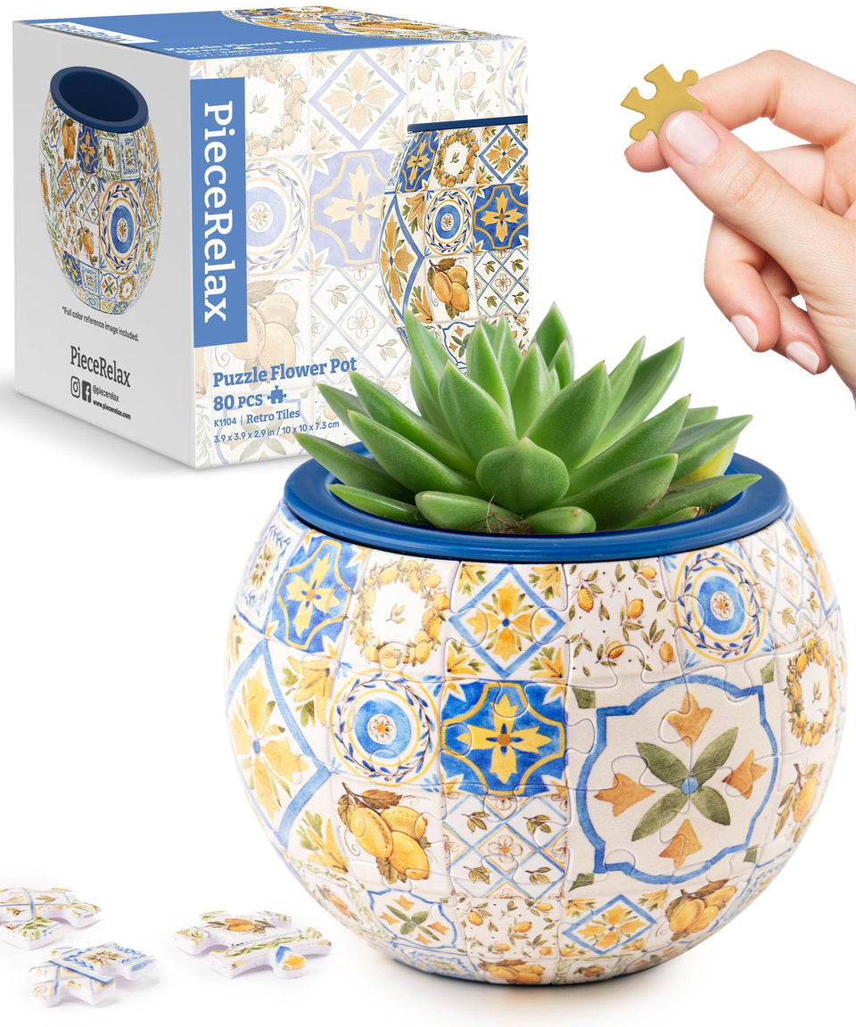 PieceRelax 3D puzzle planter front view shows retro tile pattern for a bold indoor accent.