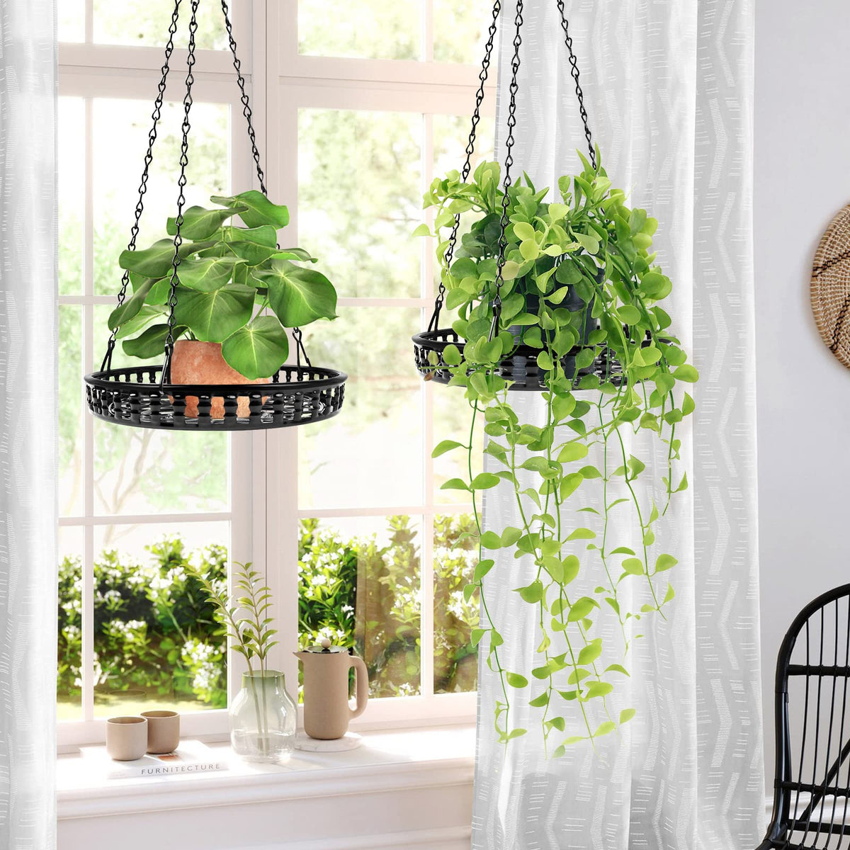 Close-up of PIKAMAO hanging planter tray showing sturdy metal construction