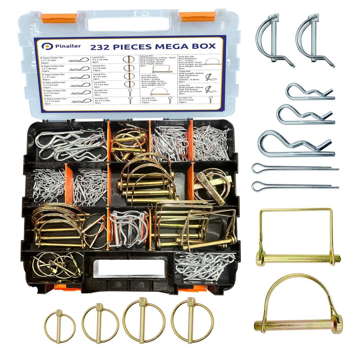 PINAILER 232PCS trailer hitch pins neatly arranged for quick replacements.