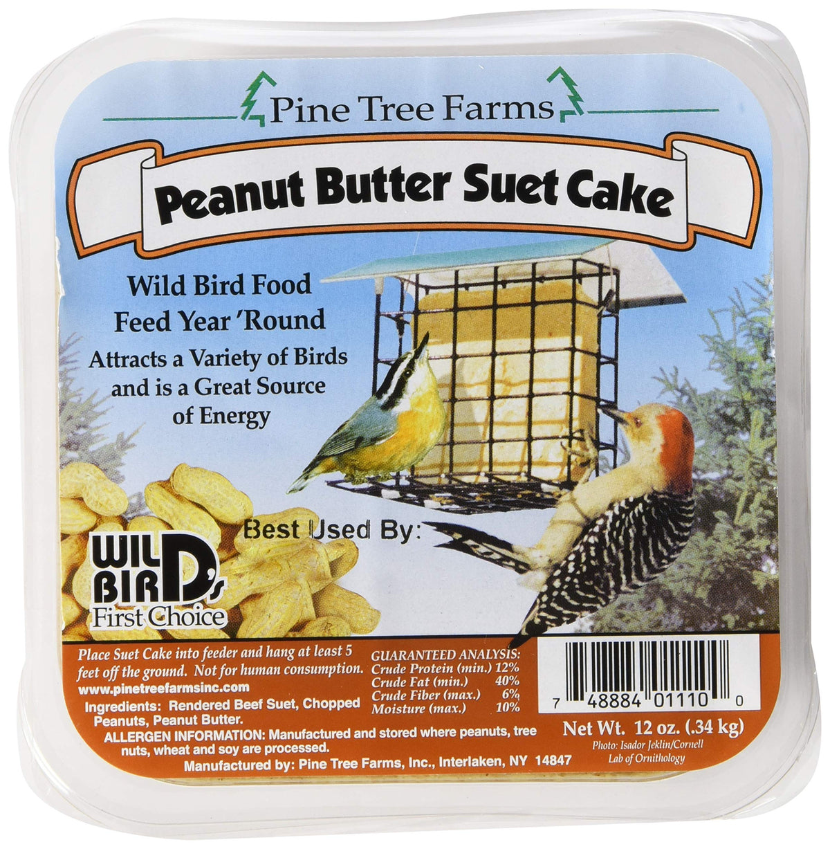 Pine Tree Farms peanut butter suet cake for year-round feeding, attracting a variety of backyard birds.