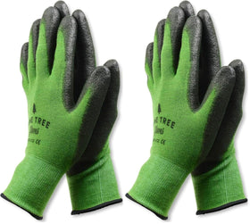Pine Tree Tools bamboo garden gloves worn on hand for breathable comfort.