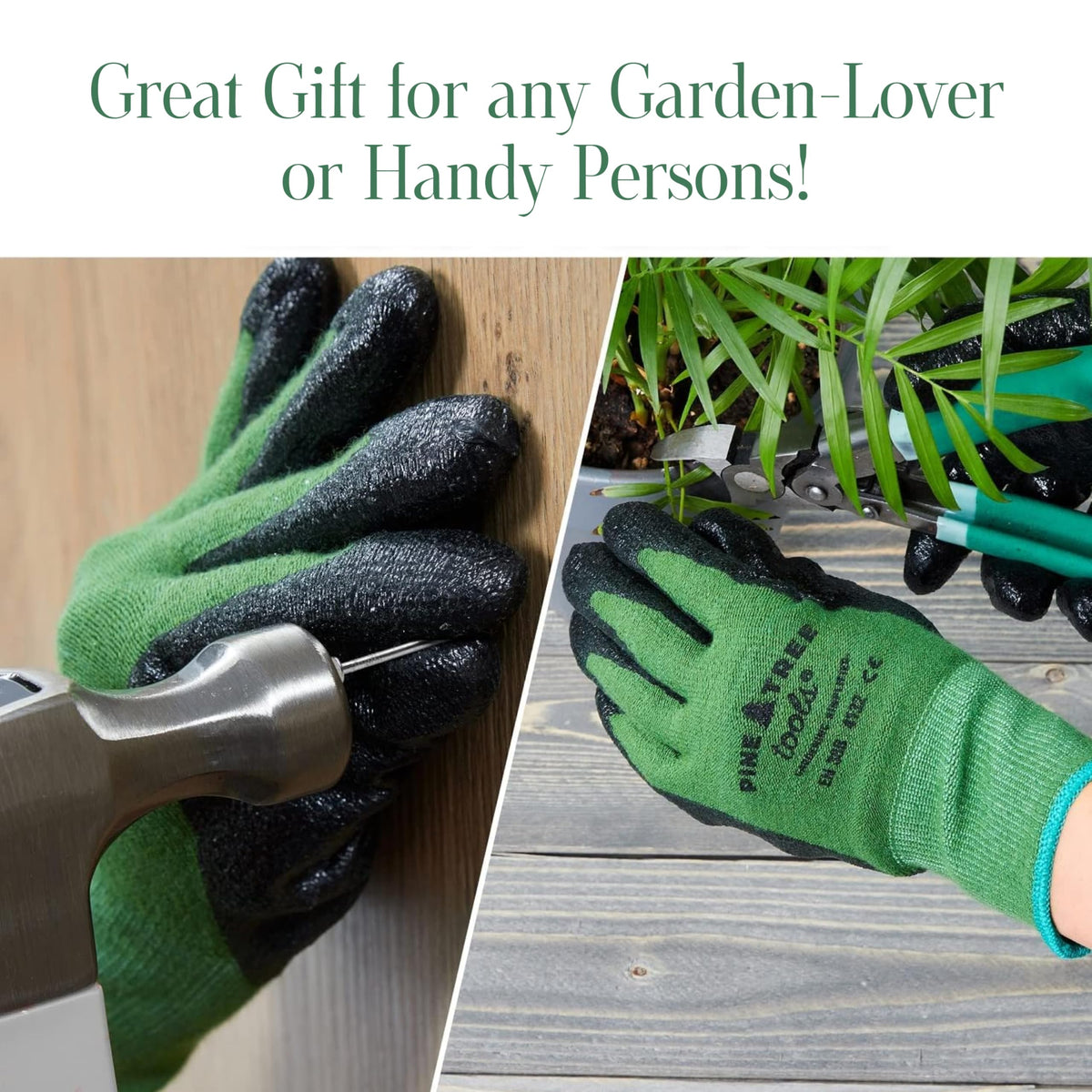 Packaging emphasizes durability and ready-to-use garden gloves.