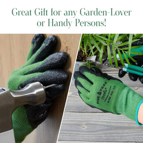 Packaging emphasizes durability and ready-to-use garden gloves.