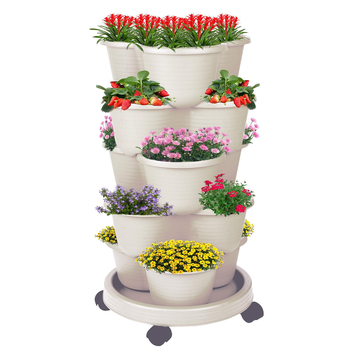 Pinky Family 5-tier vertical garden tower with strawberries for compact balcony use.
