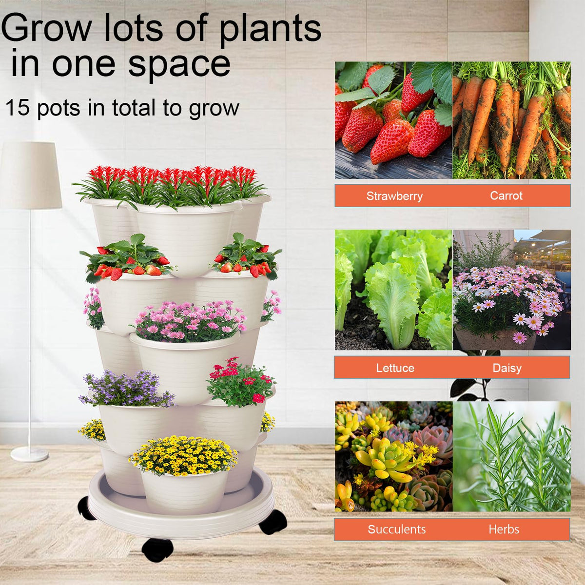 Vertical garden tower showing optional swivel casters for easy mobility.