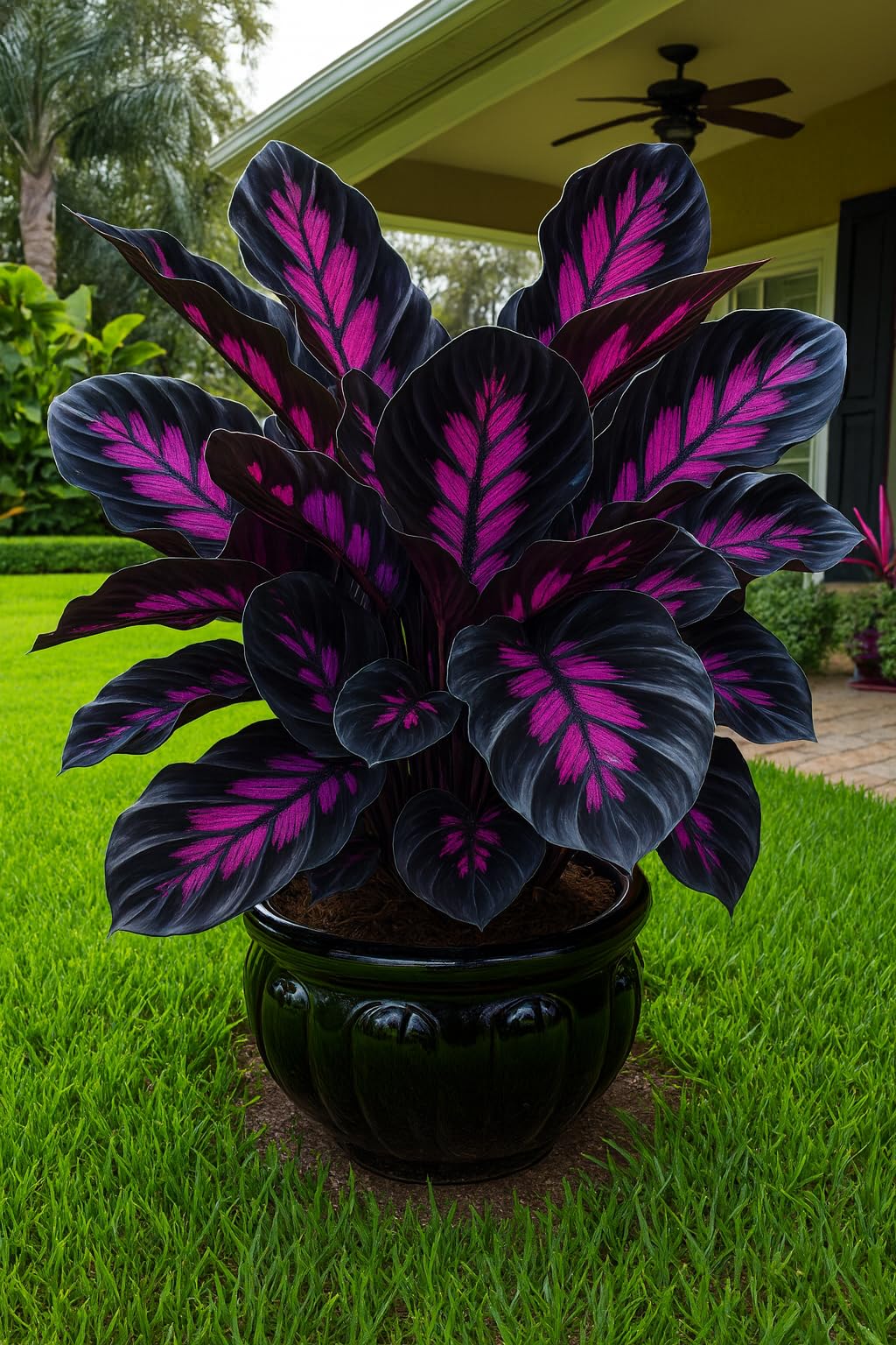 PIPA PAPA Caladium display in pots and garden highlighting indoor-outdoor use.