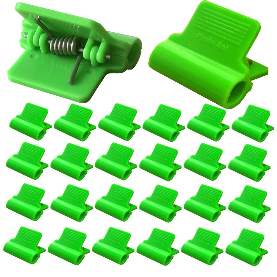 PirateAnt greenhouse clamps securely attach to 0.32-0.45 inch hoops for wind resistance.