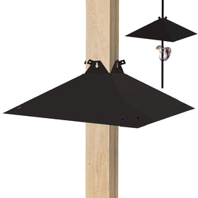 PirateAnt squirrel baffle on a 4x4 post with 21-inch width protects bird feeders.