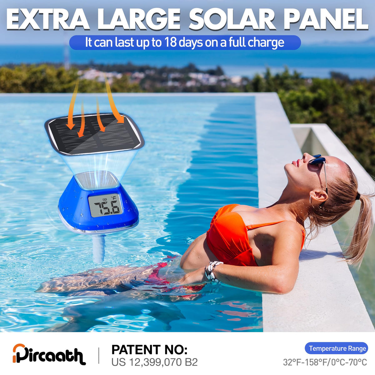 Pircaath floating thermometer with rope secured at pool edge for easy checks
