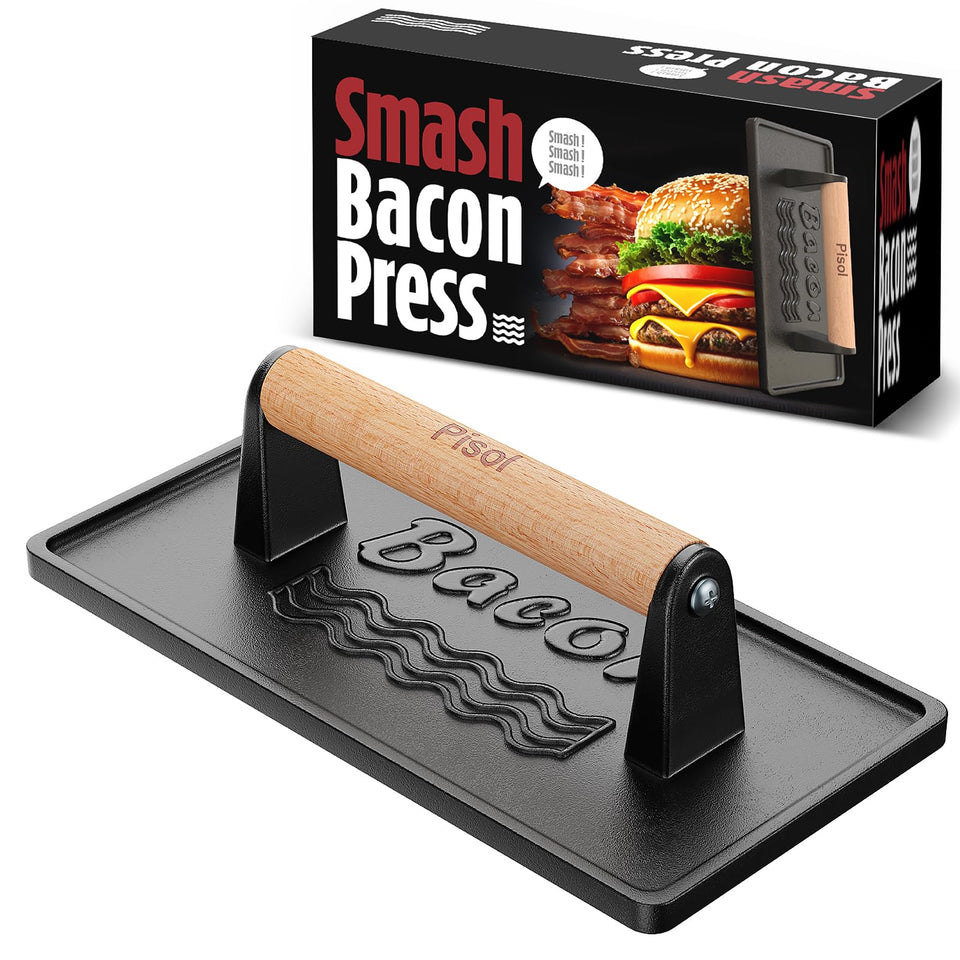 Pisol bacon press with wood handle showing comfortable grip for grilling sessions