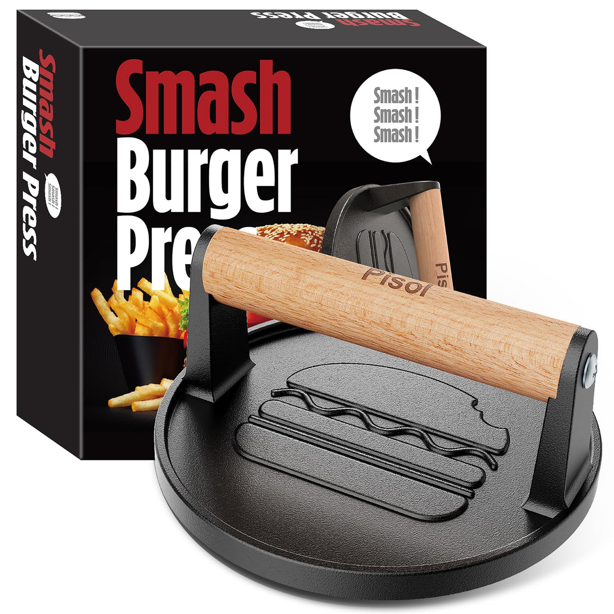 Pisol Smash Burger Press front view shows the 6.6-inch surface for even patties.