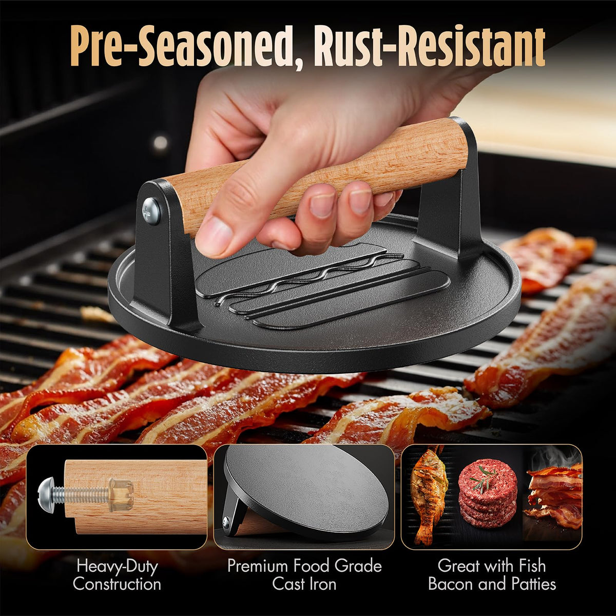 Pisol Smash Burger Press handle close-up highlights natural wood grip and cool-touch design.