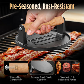 Pisol Smash Burger Press handle close-up highlights natural wood grip and cool-touch design.