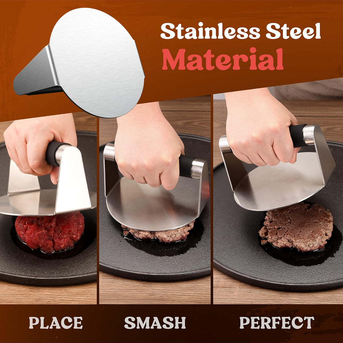 Non-stick polished surface helps keep patties intact and easy to lift.