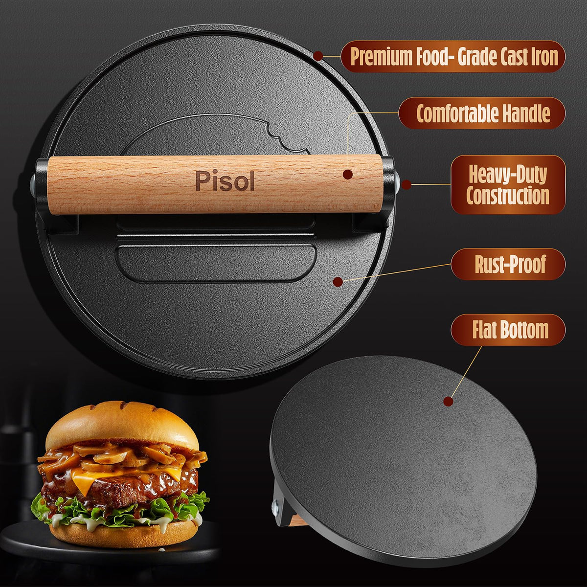 Pisol press with bacon shows curl-free patties and consistent cooking results.