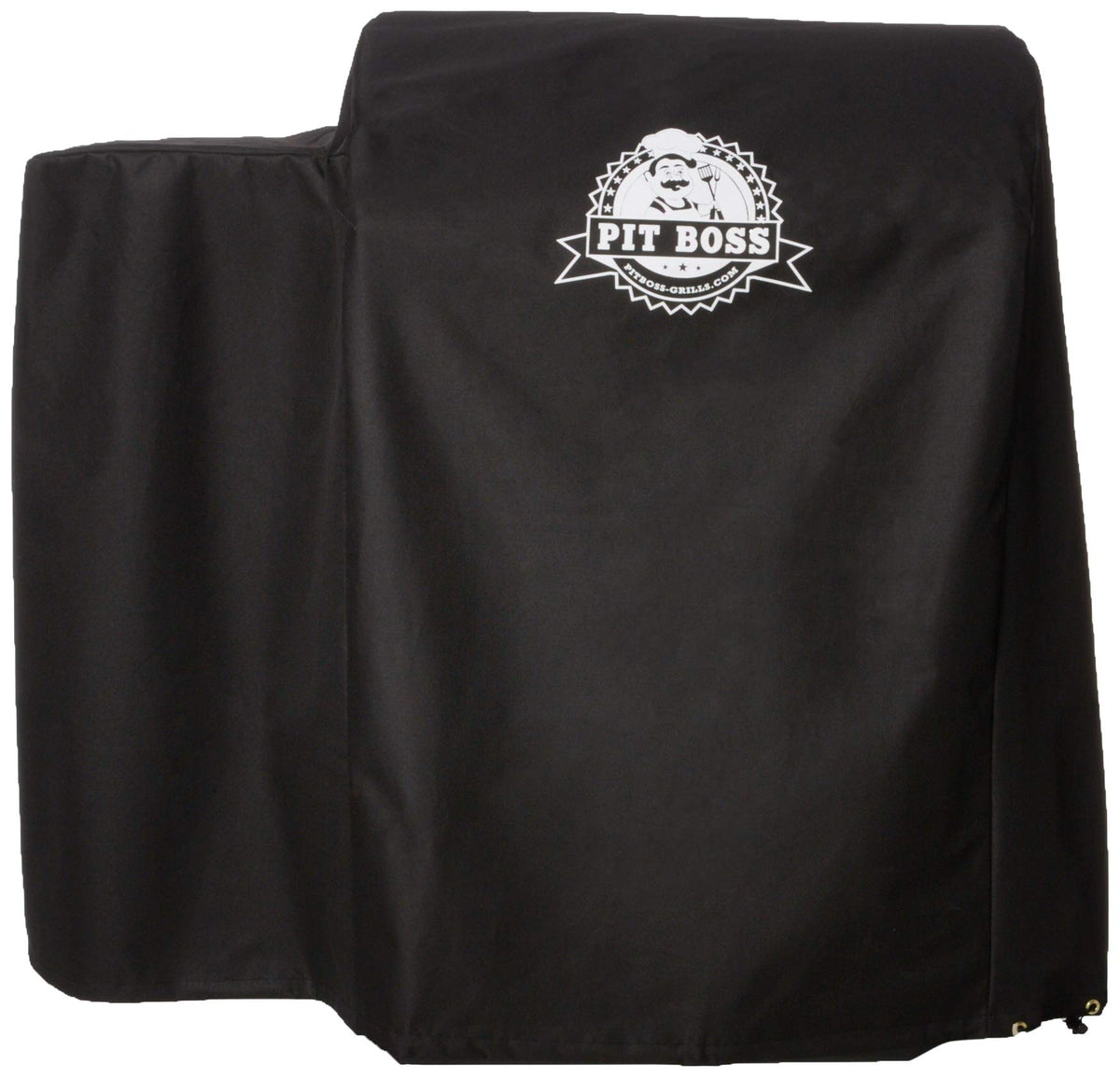 Pit Boss grill cover with draw string provides secure fit against wind and rain.