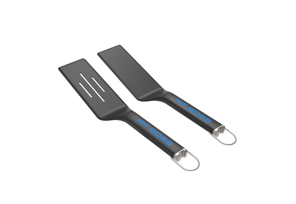 Pit Boss Ultimate Griddle Spatulas—perforated and standard turner for high-heat grilling and easy cleanup.