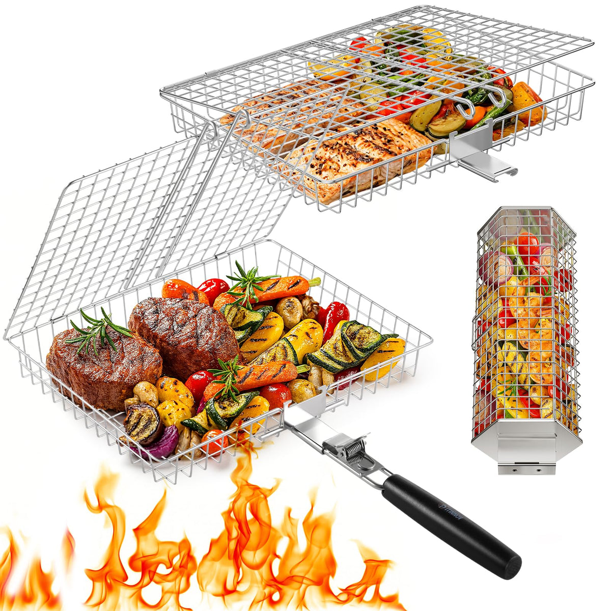 PitInnov grill basket rectangle for even heat and easy flipping