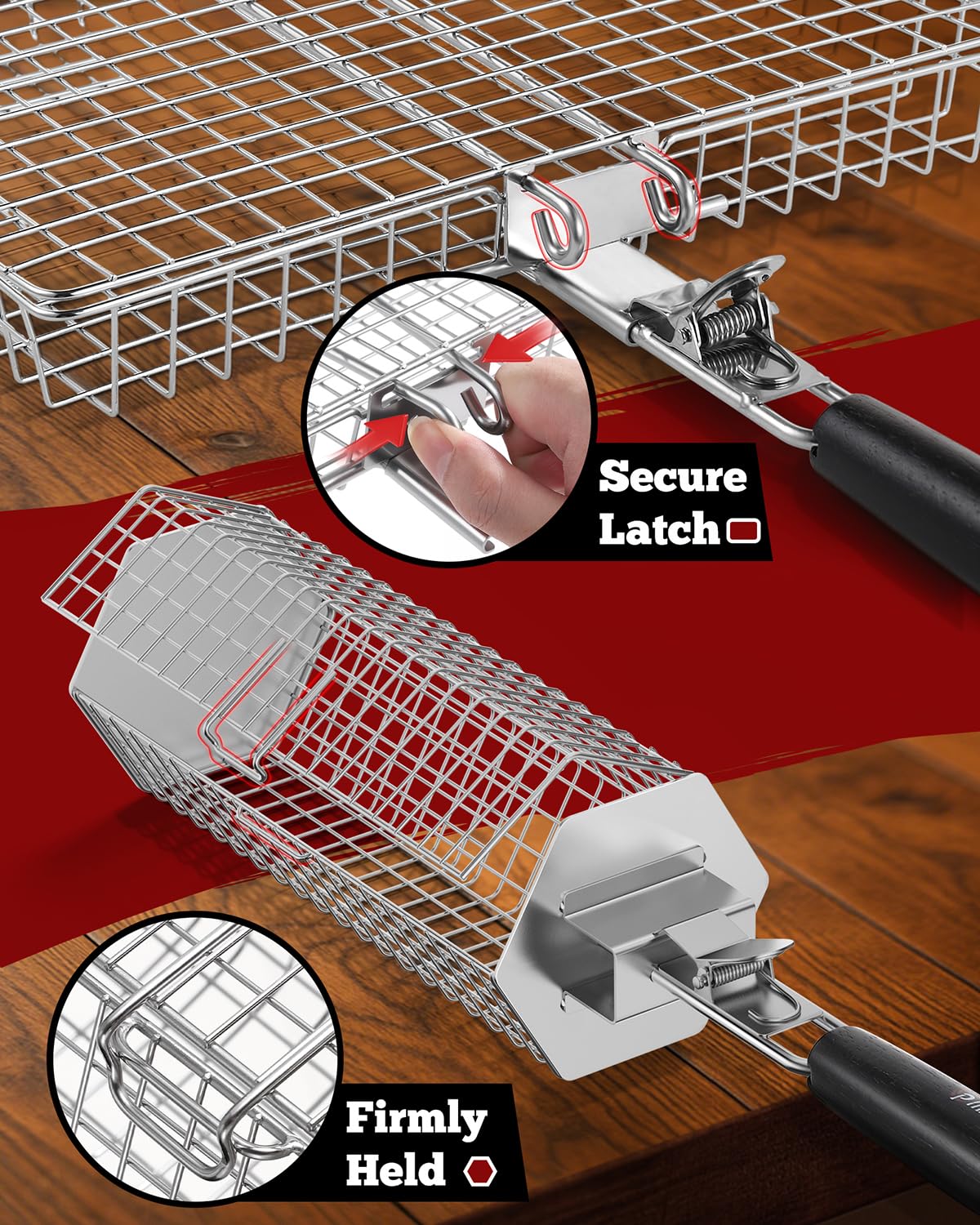 PitInnov grill basket removable handle for safe transfer