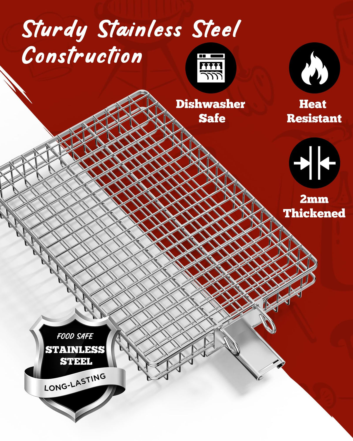 PitInnov Grill Baskets detachable wooden handle allows safe flipping.
