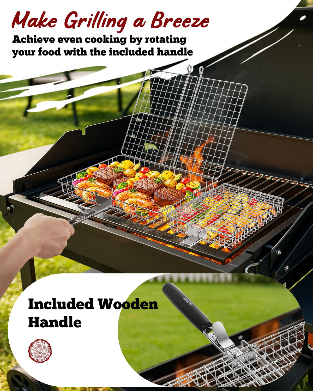 PitInnov Grill Baskets secure-latch design keeps ingredients in place during grilling.