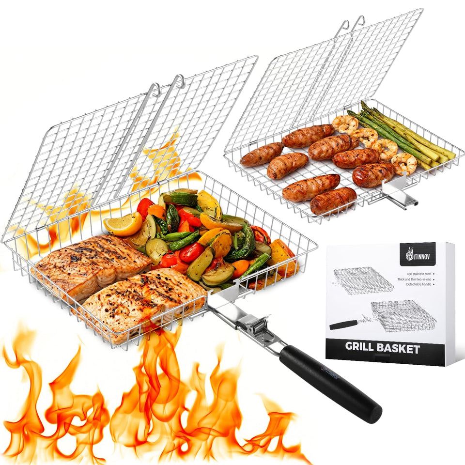 PitInnov Nesting Grill Baskets with thick grid for even grilling of steaks and vegetables