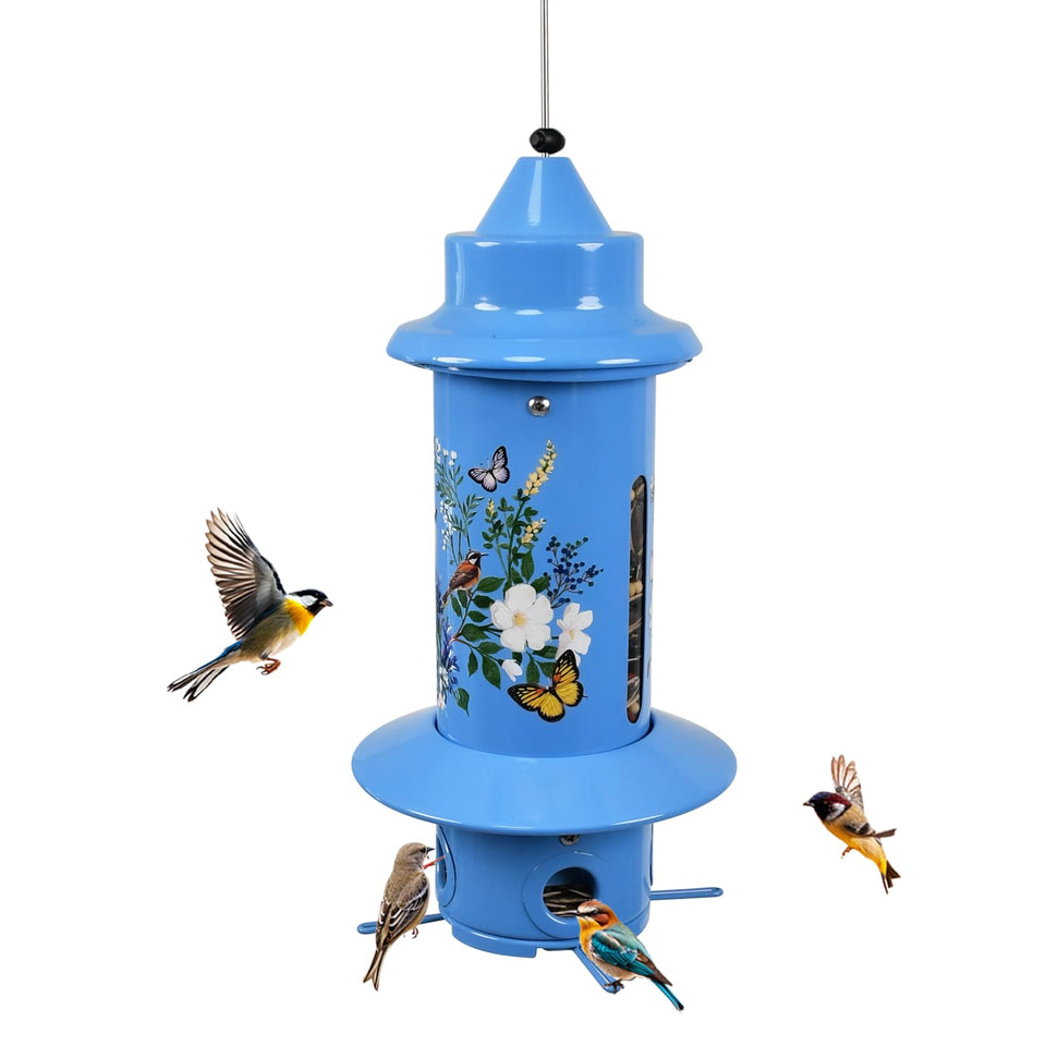Pitoutfir squirrel-proof feeder outdoors with blue finish attracts small songbirds safely.