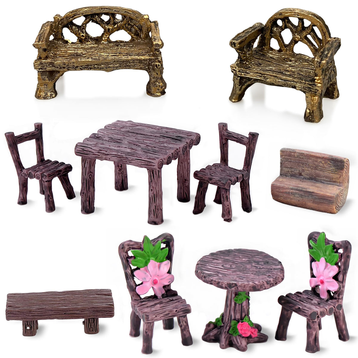 Pivnasy fairy table and chairs miniature set enhances whimsical garden decor.