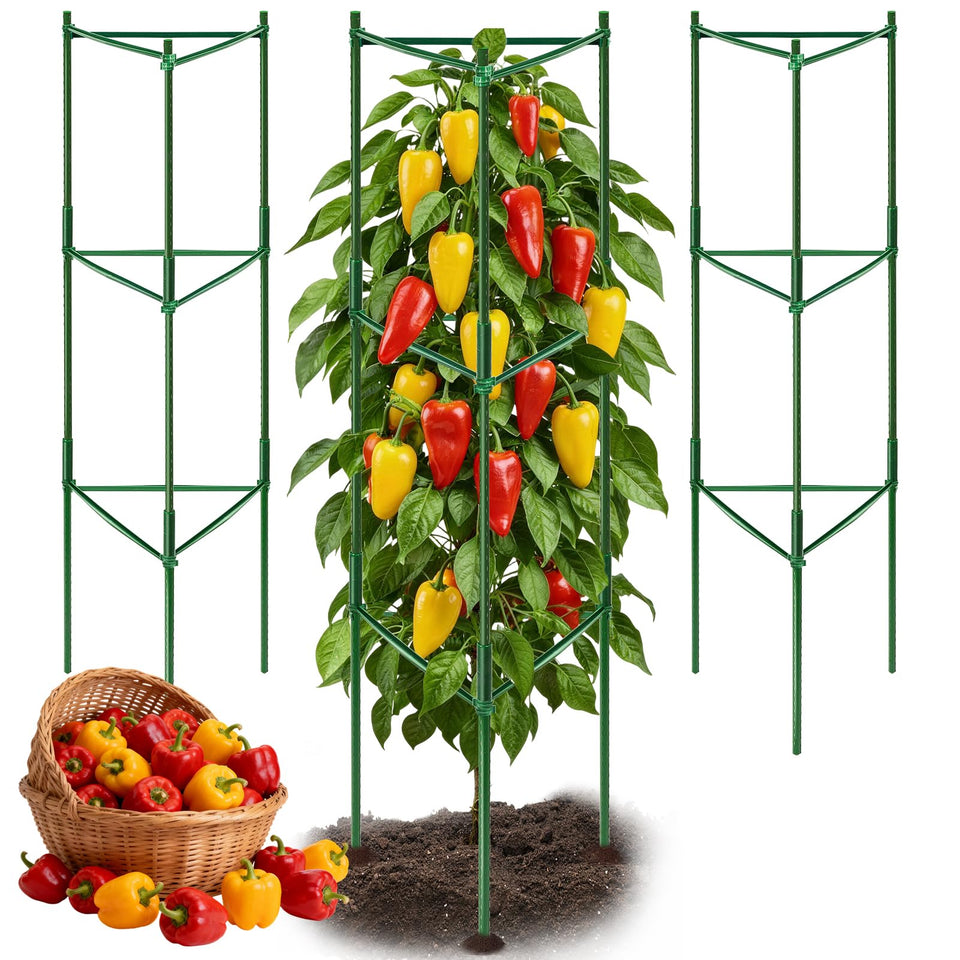 PJT 3-pack pepper cages, 48-inch adjustable, ideal for sturdy pepper plants and larger yields.