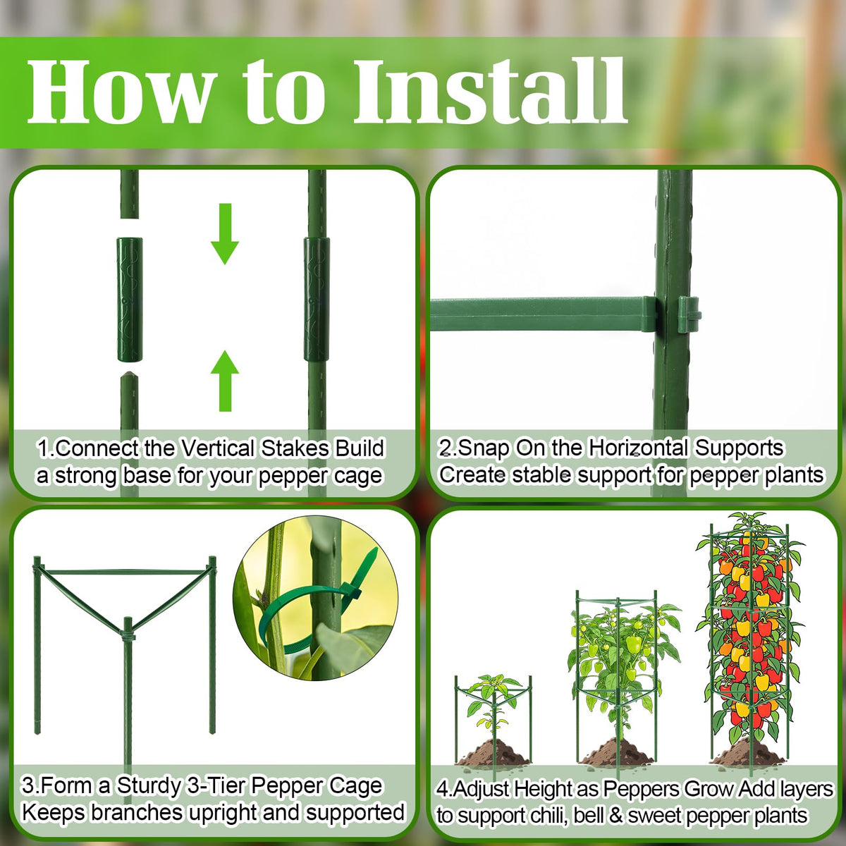 PJT 3-pack pepper cages offer scalable support as peppers mature.