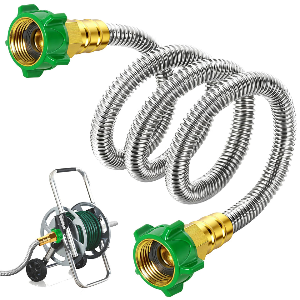 PJT female-to-female 5ft connector for secure garden hose extensions.