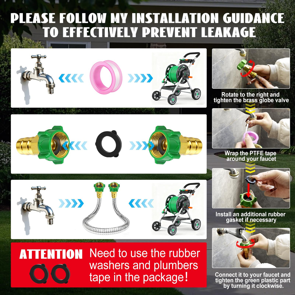 PJT leak-proof ends secure to faucet or hose for steady flow.