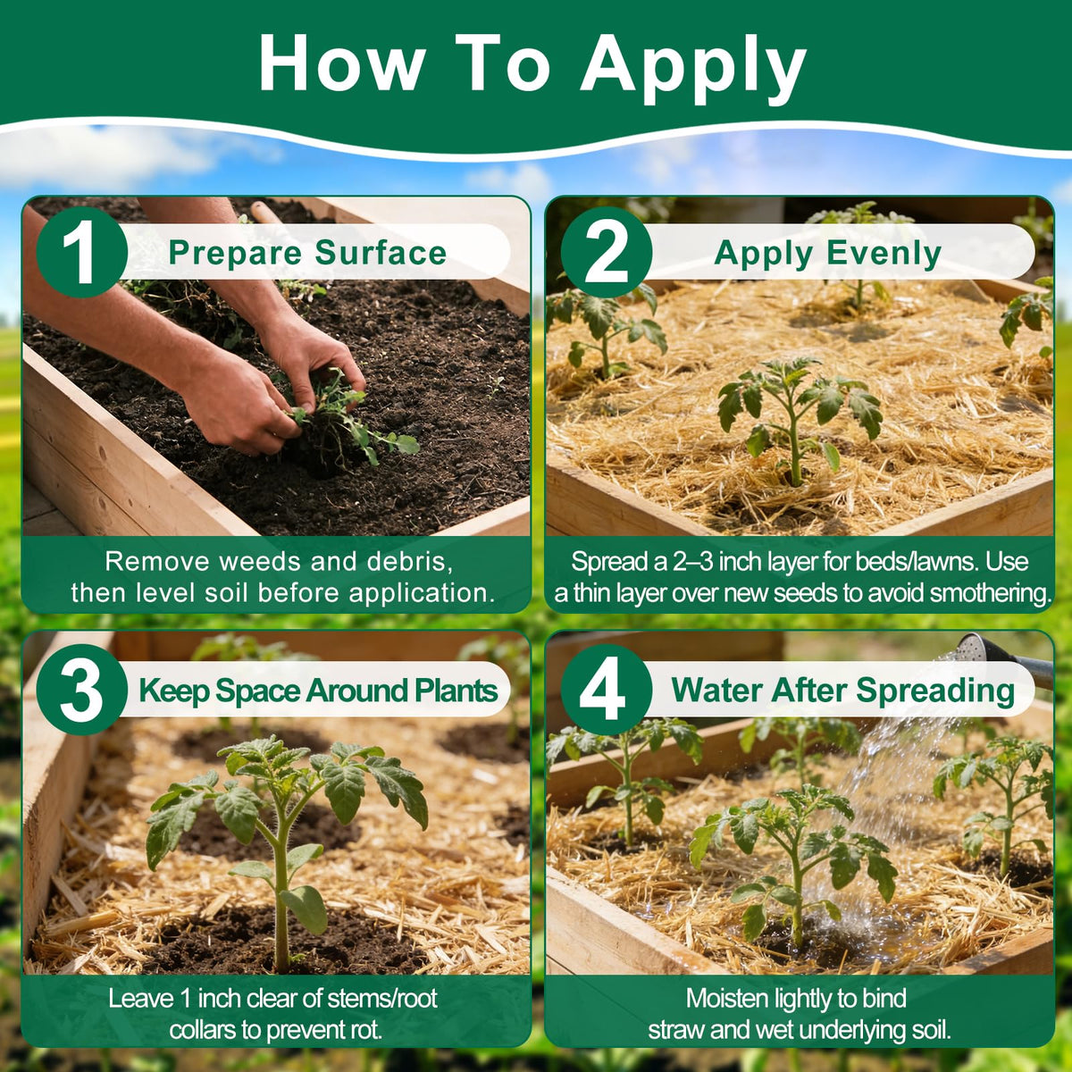 PJT Organic Garden Straw weed-free mulch suppresses weeds.