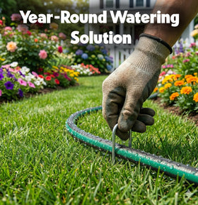 Plant & Plot flat-soaker-hose 25ft tool-free assembly near a water source.
