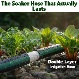 Plant & Plot flat-soaker hose 25ft irrigating vegetables and flowers in beds.