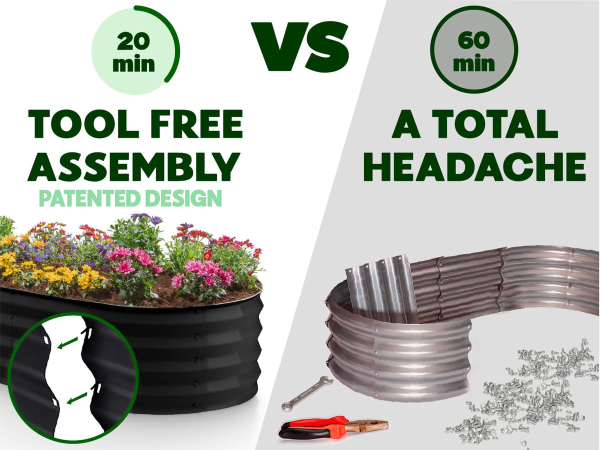 Plant & Plot tool-free assembly diagram showing quick setup in minutes