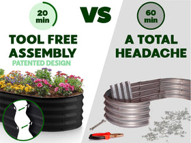 Plant & Plot tool-free assembly diagram showing quick setup in minutes