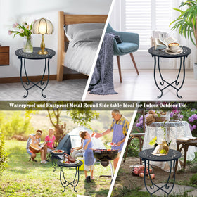 Plant Castle black metal table with wreath pattern adds elegant outdoor charm