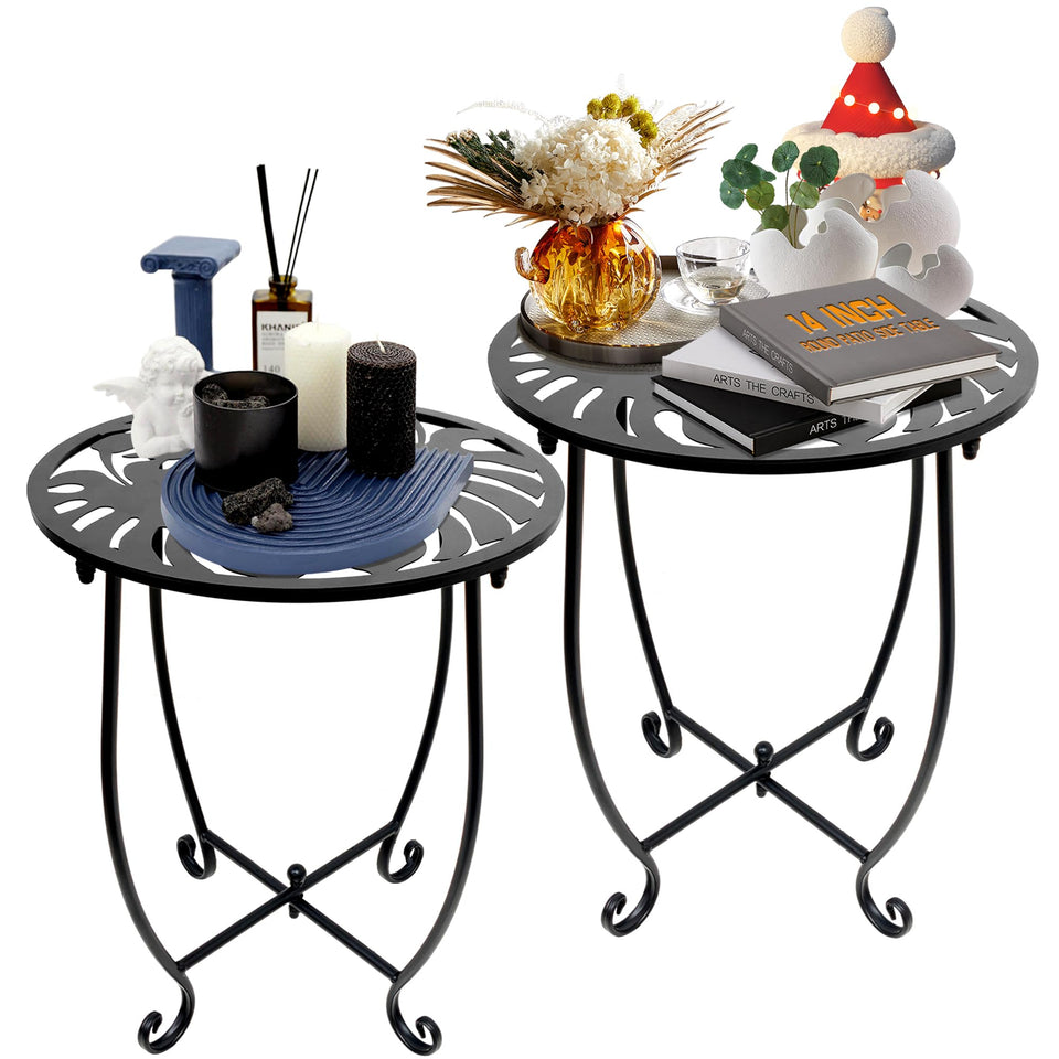 Plant Castle round 14-inch outdoor side table for patio use and drinks.